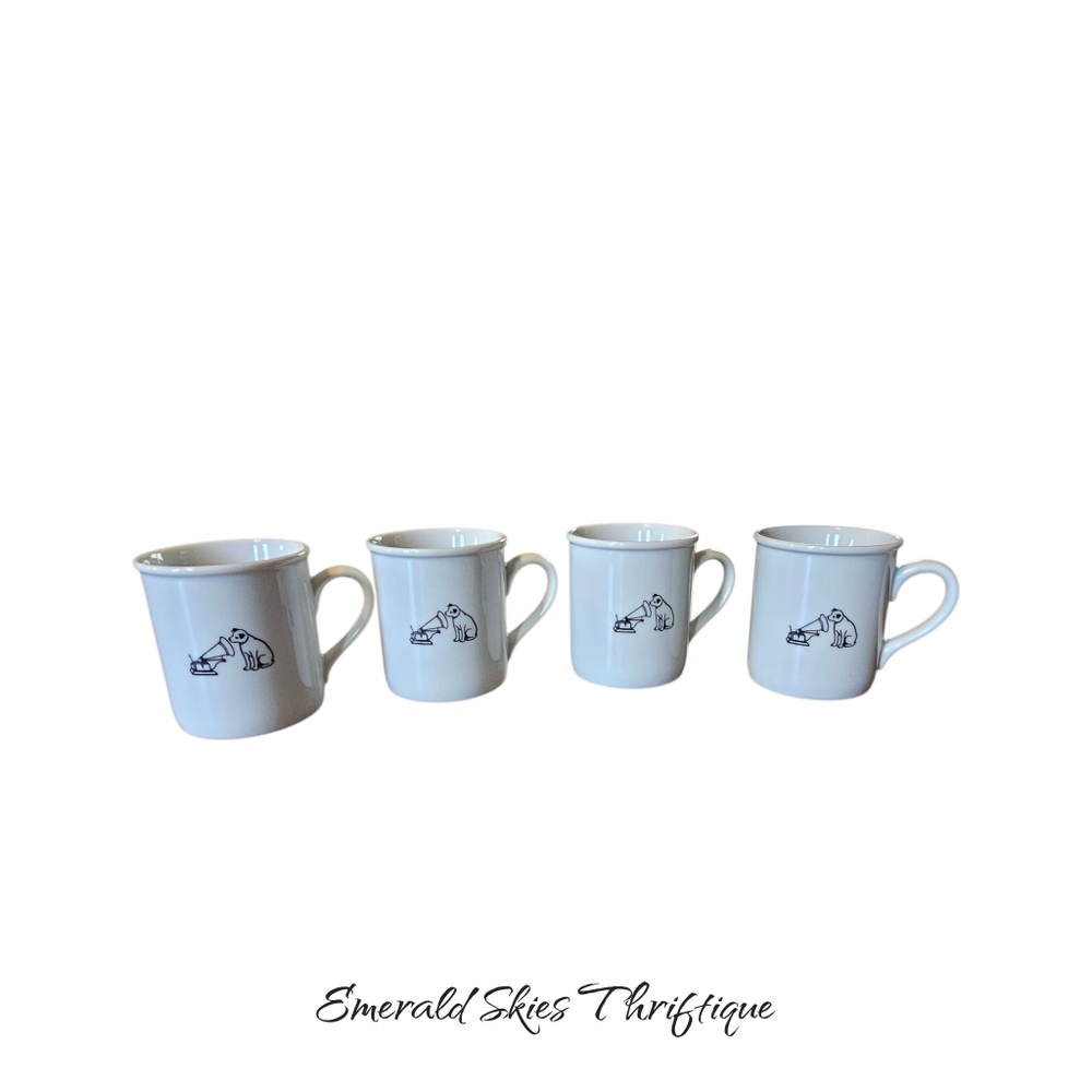 Set of 4 RCA Nipper Victor Gramophone Logo Vintage Coffee Cup Black on White Mug